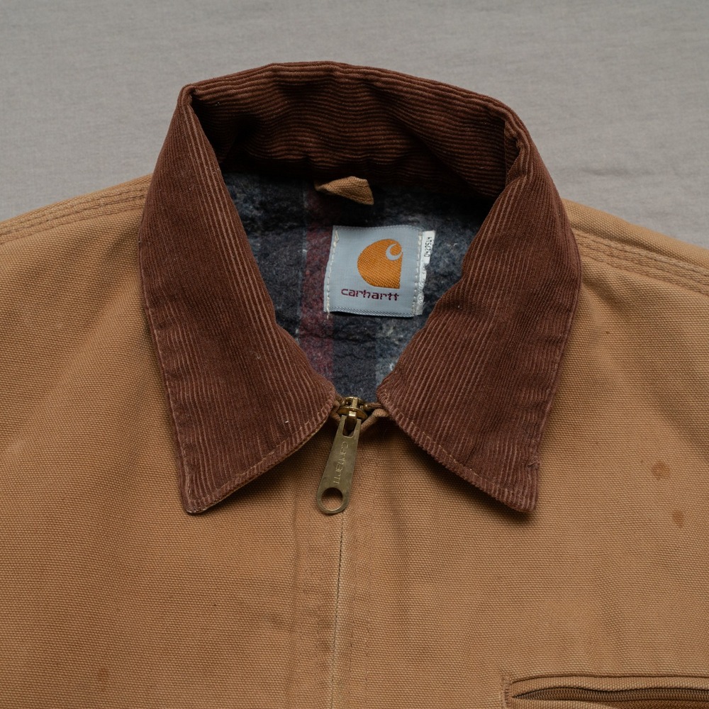 Vtg Carhartt Brown Detroit Blanket Lined Jacket J97 Size Small Corduroy Collar - Picture 10 of 16